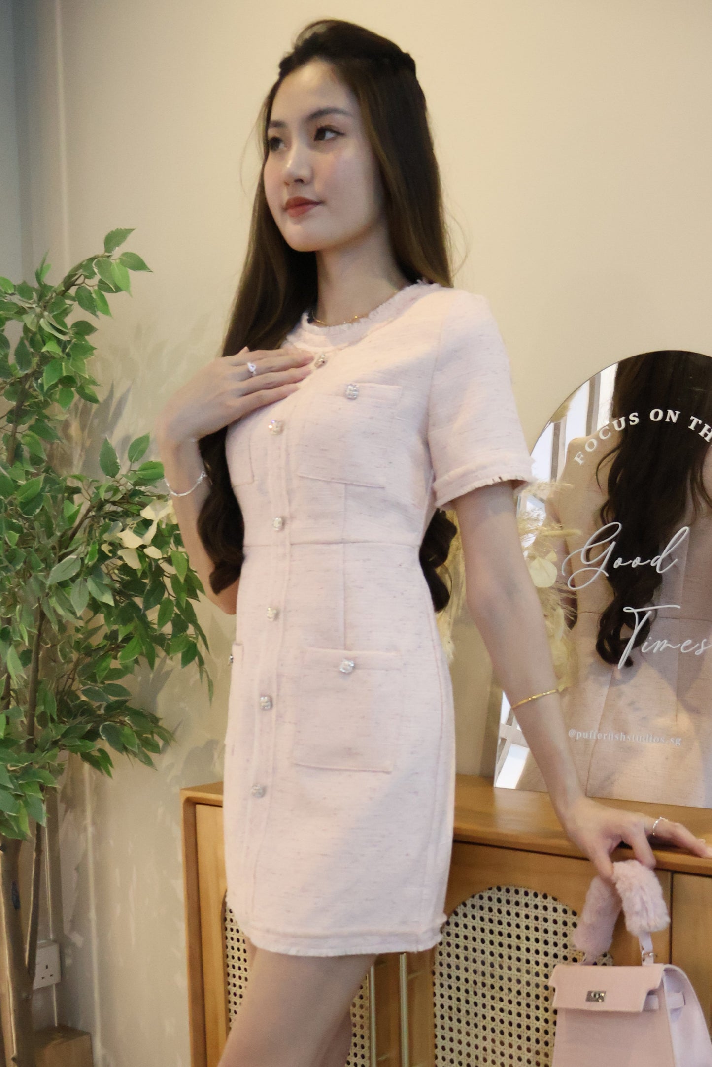 *Premium* Leigh Bejeweled Button Tweed Dress In Blush