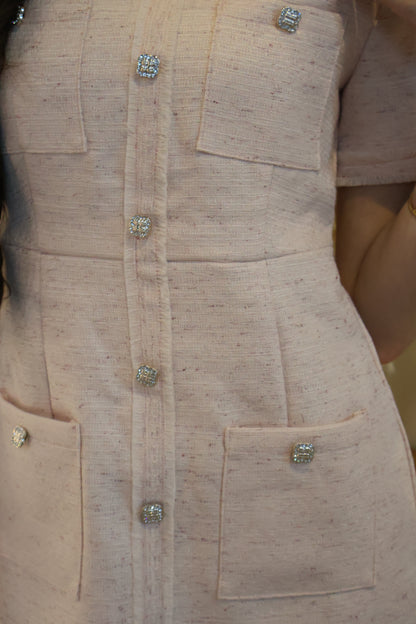 *Premium* Leigh Bejeweled Button Tweed Dress In Blush
