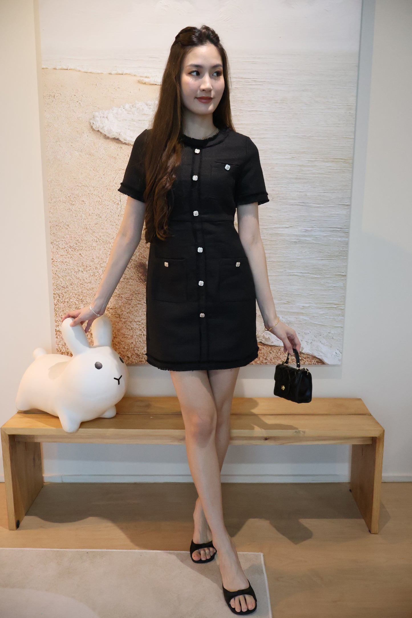 *Premium* Leigh Bejeweled Button Tweed Dress In Black