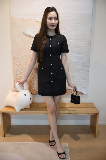 *Premium* Leigh Bejeweled Button Tweed Dress In Black