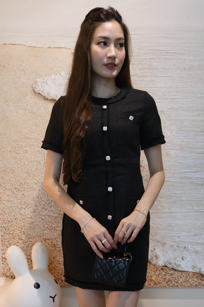 *Premium* Leigh Bejeweled Button Tweed Dress In Black