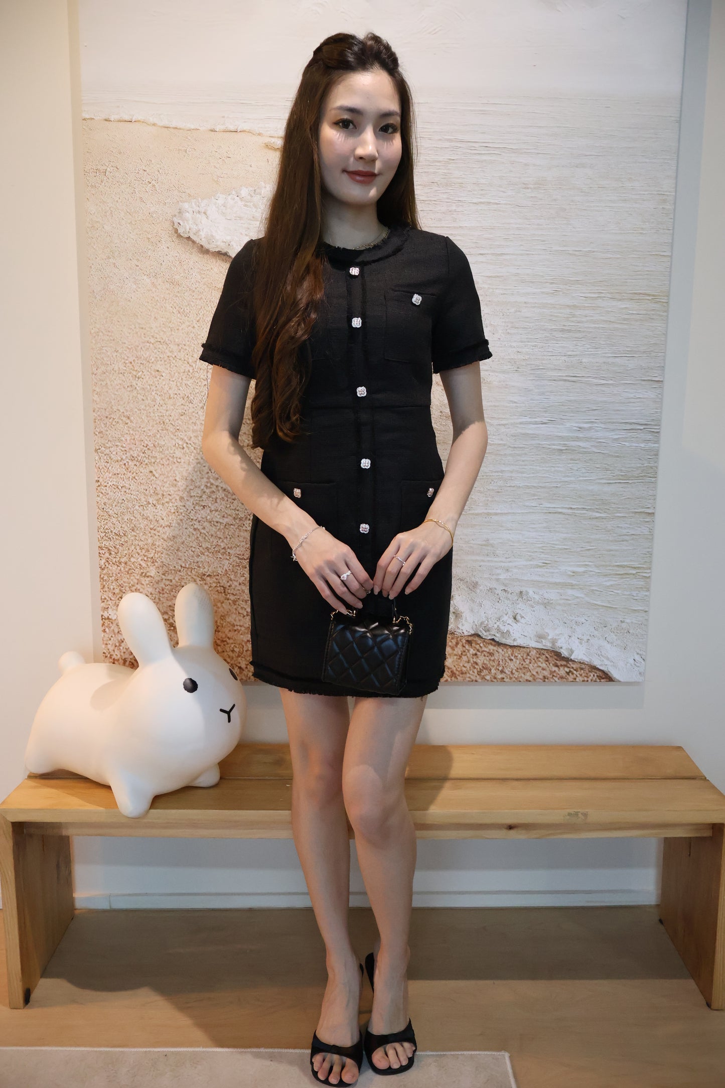 *Premium* Leigh Bejeweled Button Tweed Dress In Black