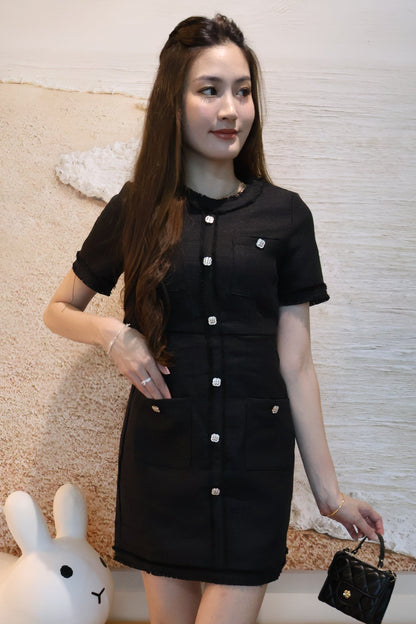 *Premium* Leigh Bejeweled Button Tweed Dress In Black