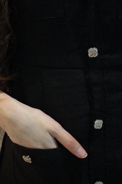 *Premium* Leigh Bejeweled Button Tweed Dress In Black