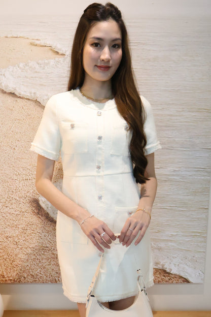 *Premium* Leigh Bejeweled Button Tweed Dress In White