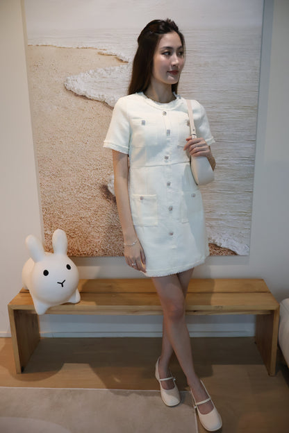 *Premium* Leigh Bejeweled Button Tweed Dress In White