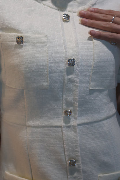 *Premium* Leigh Bejeweled Button Tweed Dress In White