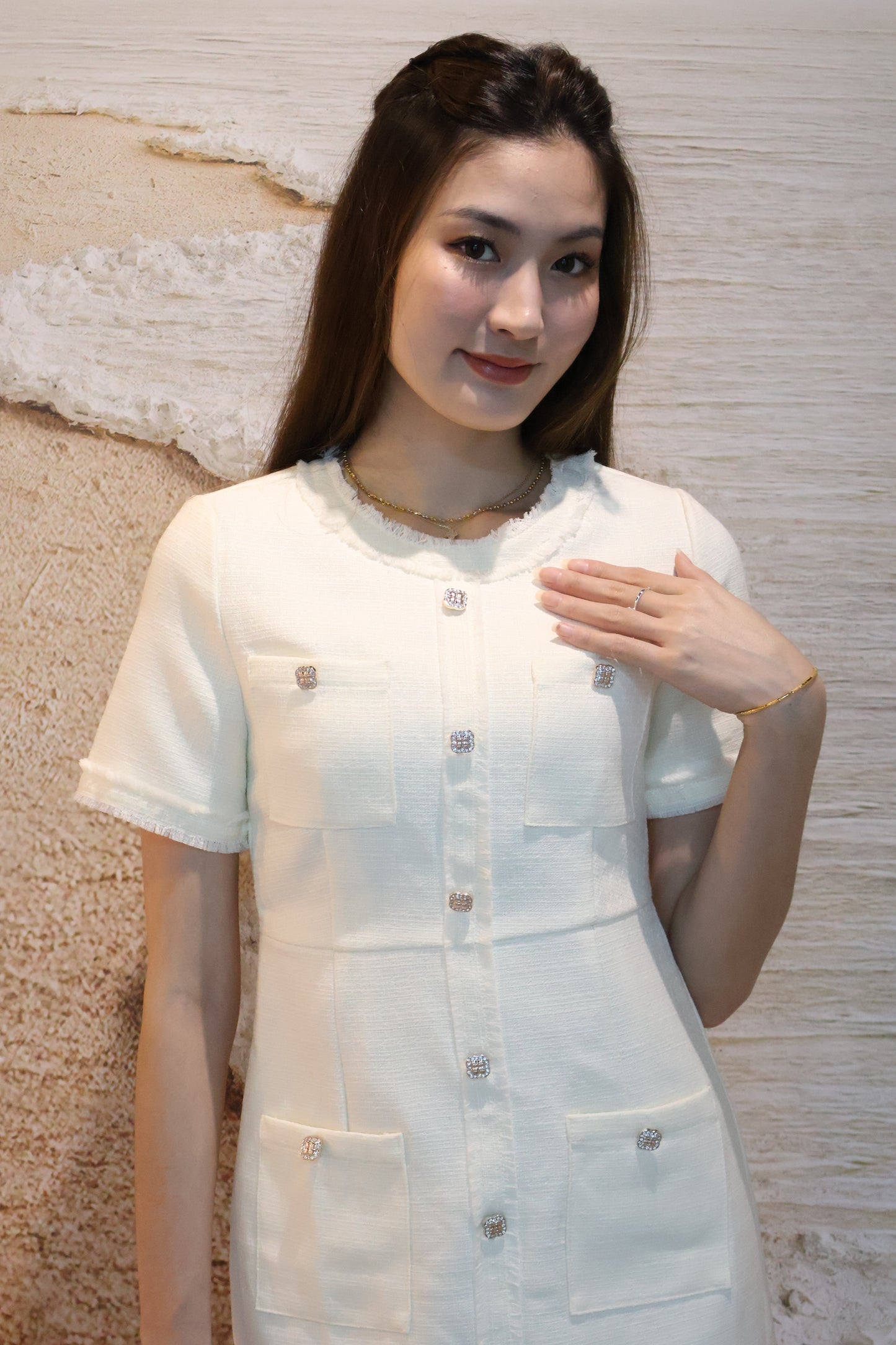 *Premium* Leigh Bejeweled Button Tweed Dress In White