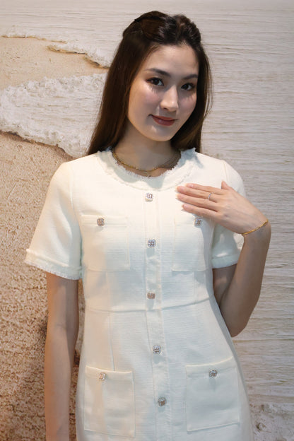 *Premium* Leigh Bejeweled Button Tweed Dress In White