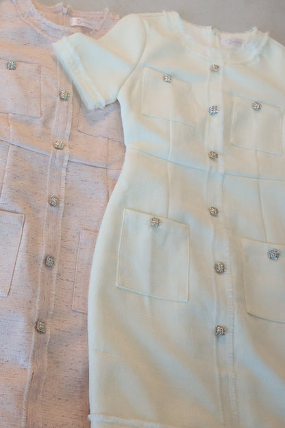 *Premium* Leigh Bejeweled Button Tweed Dress In White