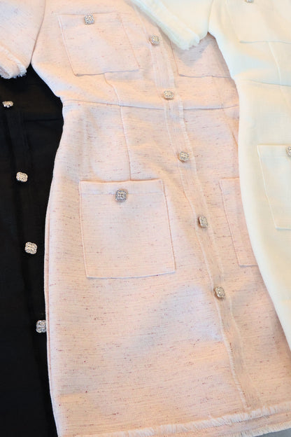 *Premium* Leigh Bejeweled Button Tweed Dress In Blush