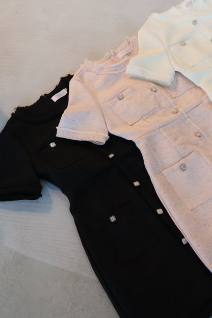 *Premium* Leigh Bejeweled Button Tweed Dress In Black