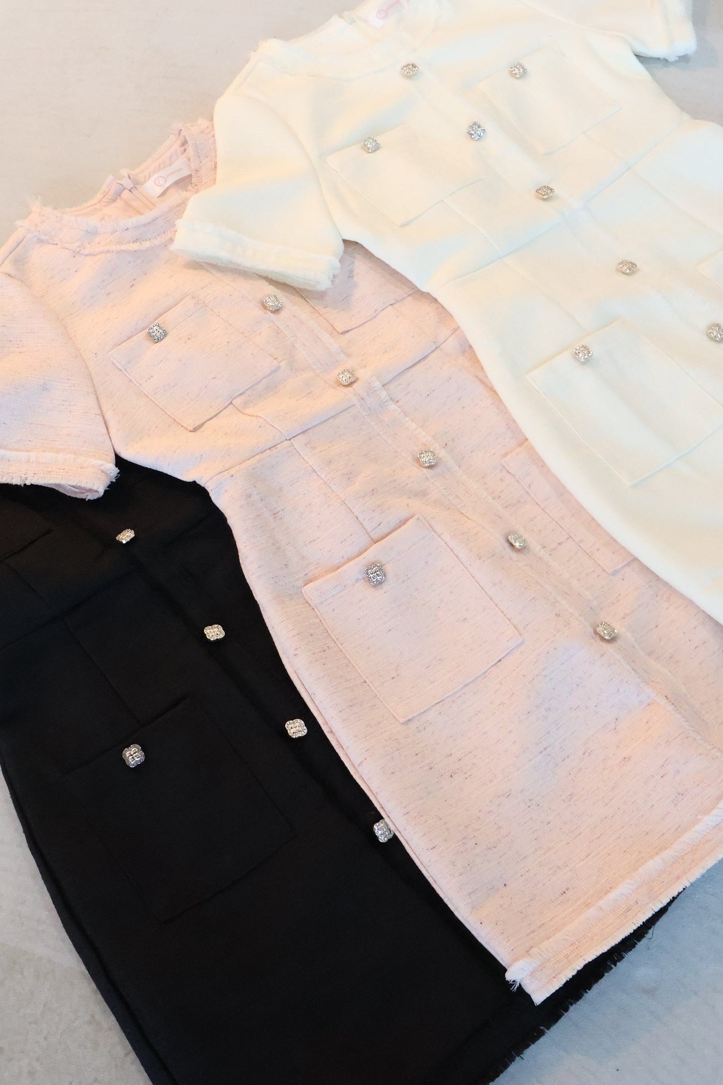 *Premium* Leigh Bejeweled Button Tweed Dress In Blush