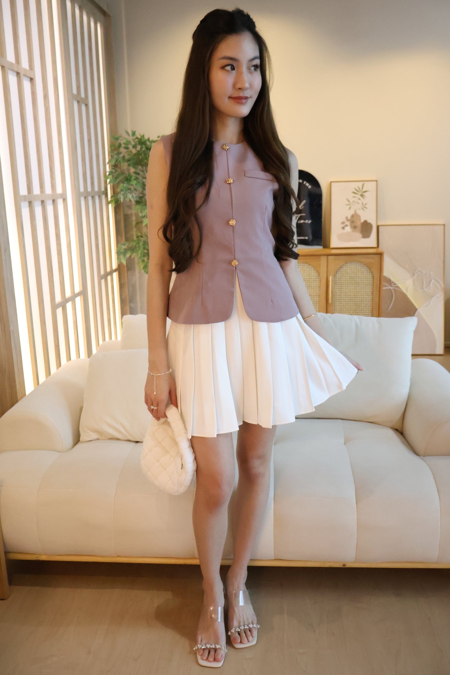 *Restocked* *Premium* Izzy Rose Gold Buttons Pleated Dress In Mulberry