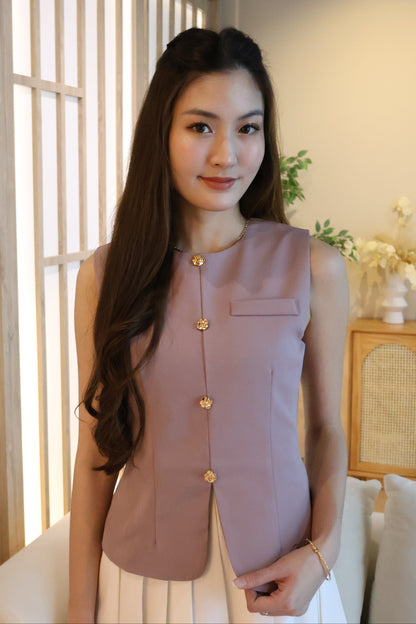 *Restocked* *Premium* Izzy Rose Gold Buttons Pleated Dress In Mulberry