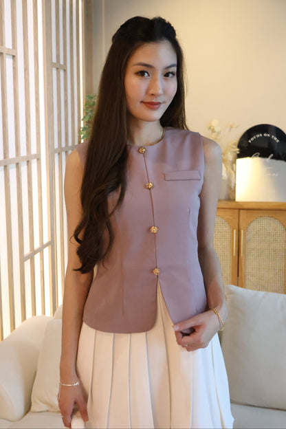 *Restocked* *Premium* Izzy Rose Gold Buttons Pleated Dress In Mulberry