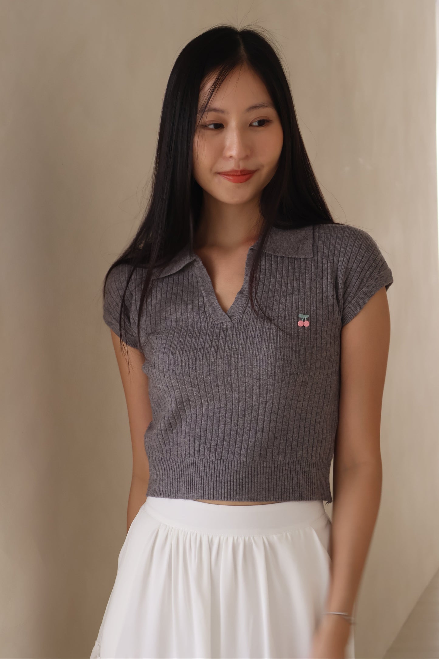 Brenda Cherry Soft Knit Collar Top In Grey