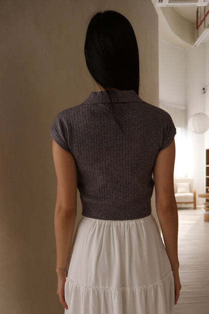 Brenda Cherry Soft Knit Collar Top In Grey