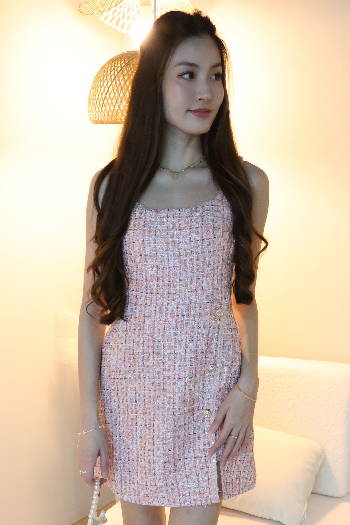 Ashley Tweed Glitter Romper Dress In Pink