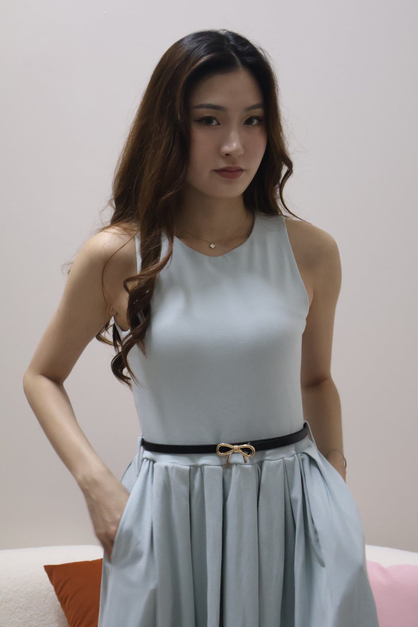 Valere Pocket Pleated Dress (With Detachable Ribbon Belt) In Blue