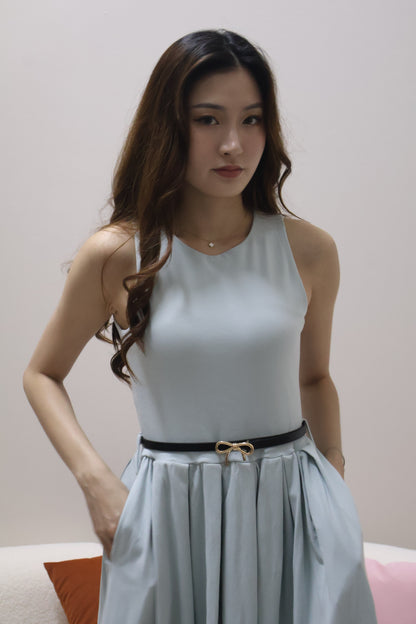 Valere Pocket Pleated Dress (With Detachable Ribbon Belt) In Blue