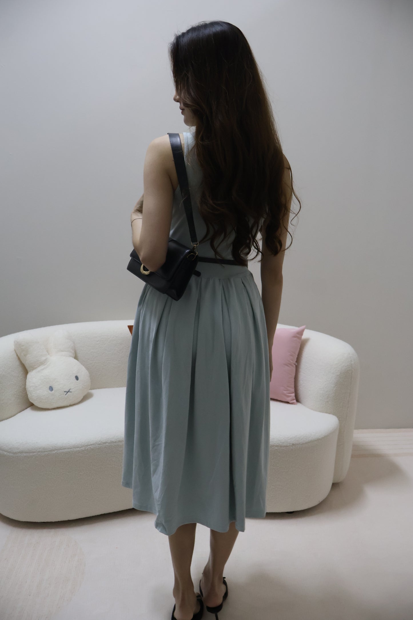 Valere Pocket Pleated Dress (With Detachable Ribbon Belt) In Blue