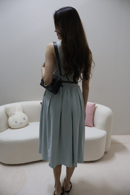 Valere Pocket Pleated Dress (With Detachable Ribbon Belt) In Blue