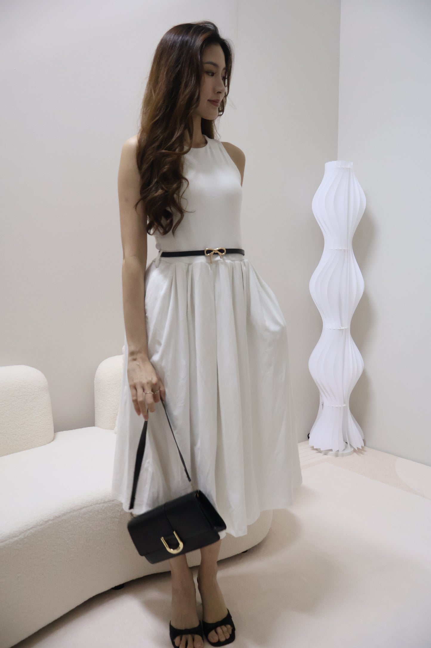 Valere Pocket Pleated Dress (With Detachable Ribbon Belt) In White