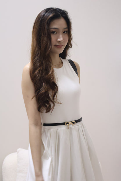 Valere Pocket Pleated Dress (With Detachable Ribbon Belt) In White