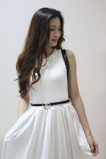 Valere Pocket Pleated Dress (With Detachable Ribbon Belt) In White