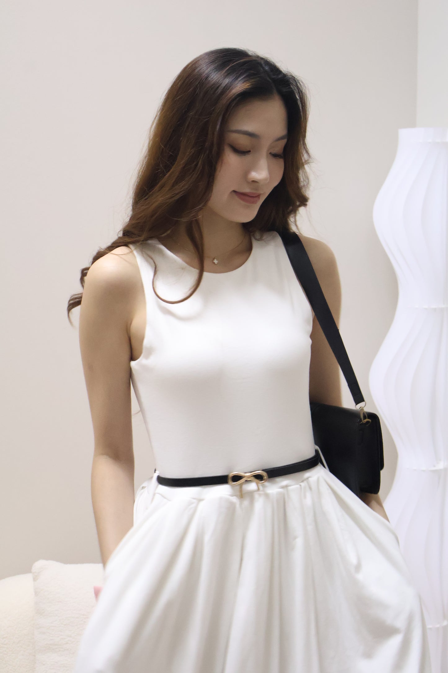 Valere Pocket Pleated Dress (With Detachable Ribbon Belt) In White