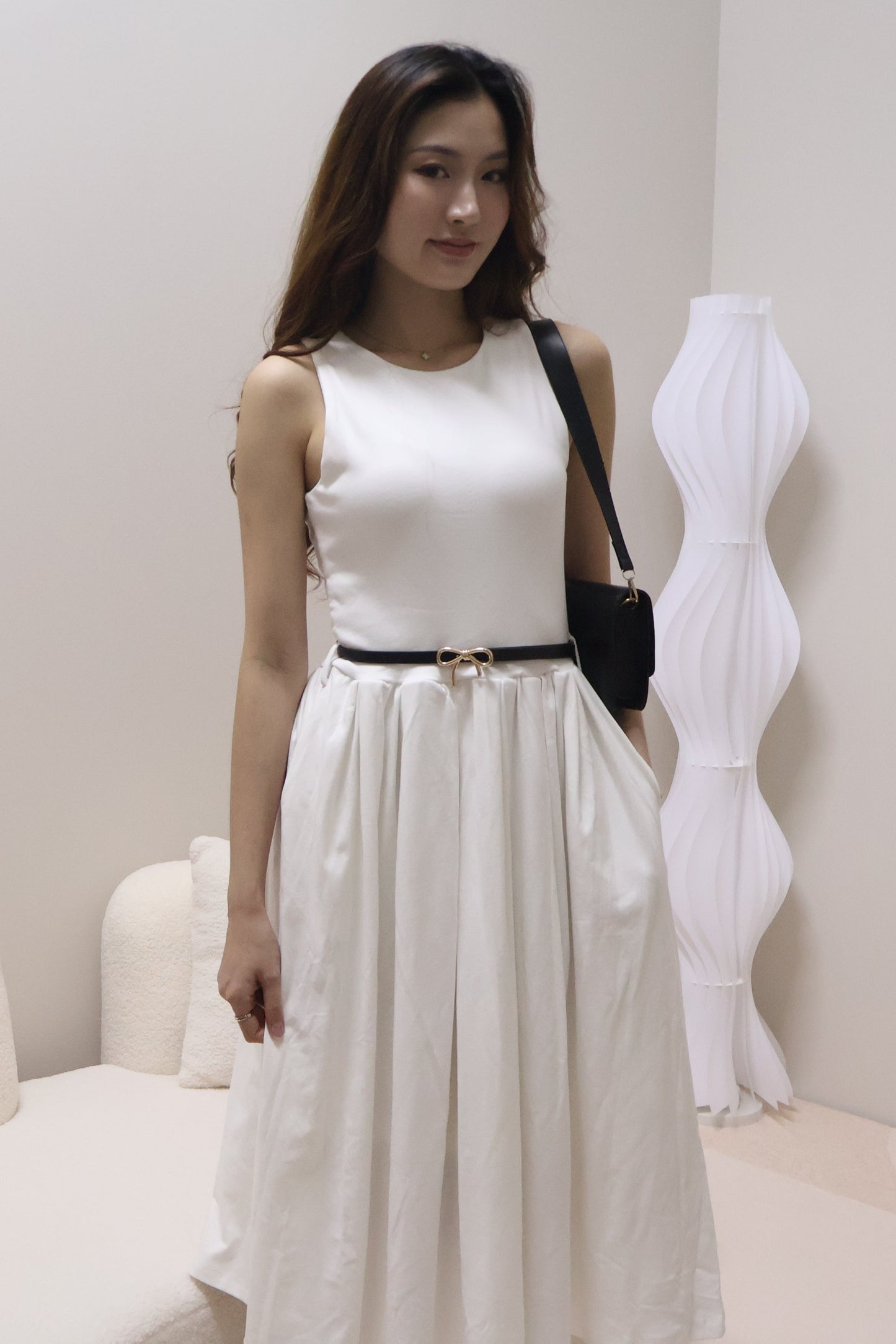 Valere Pocket Pleated Dress (With Detachable Ribbon Belt) In White