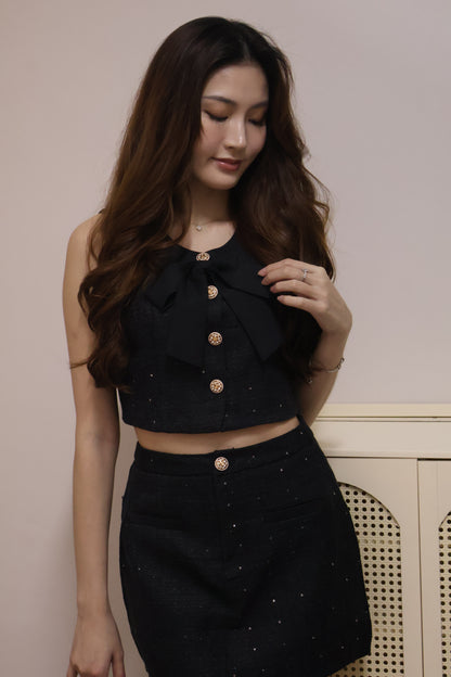 Shanice Gold Button Tweed Co-Ord Set (With Removable Ribbon) In Black