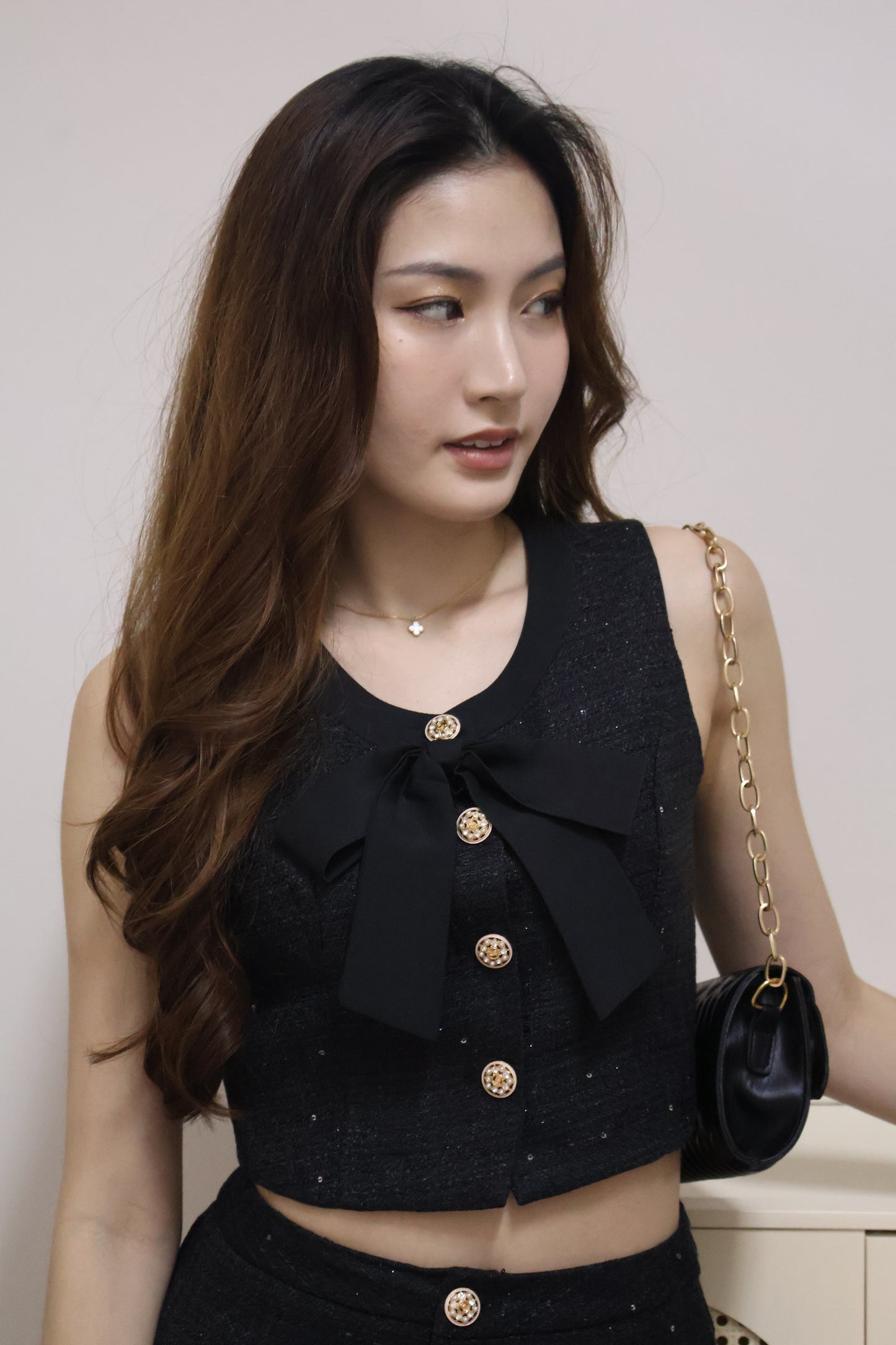 Shanice Gold Button Tweed Co-Ord Set (With Removable Ribbon) In Black