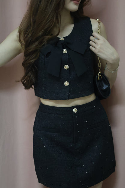 Shanice Gold Button Tweed Co-Ord Set (With Removable Ribbon) In Black