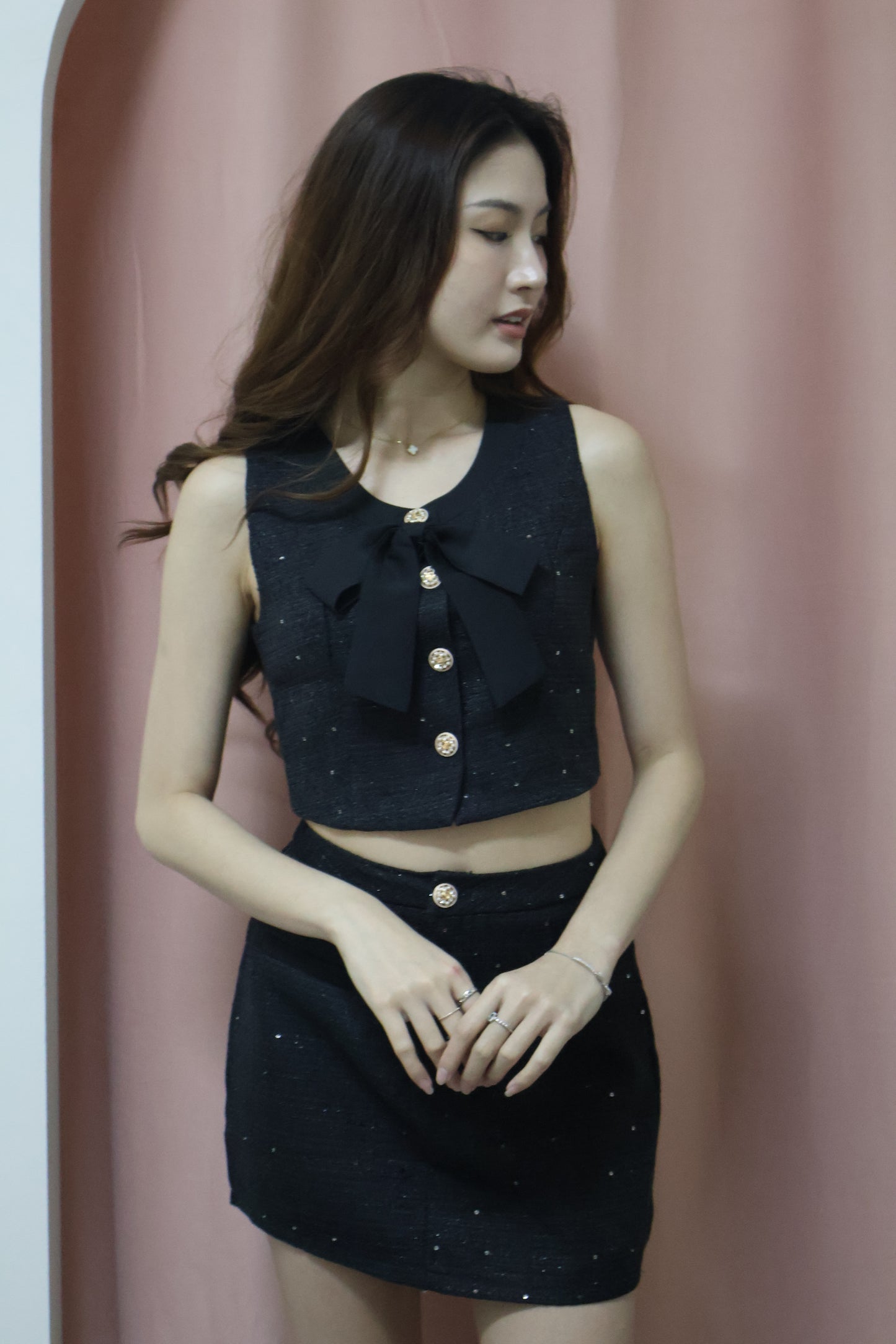 Shanice Gold Button Tweed Co-Ord Set (With Removable Ribbon) In Black