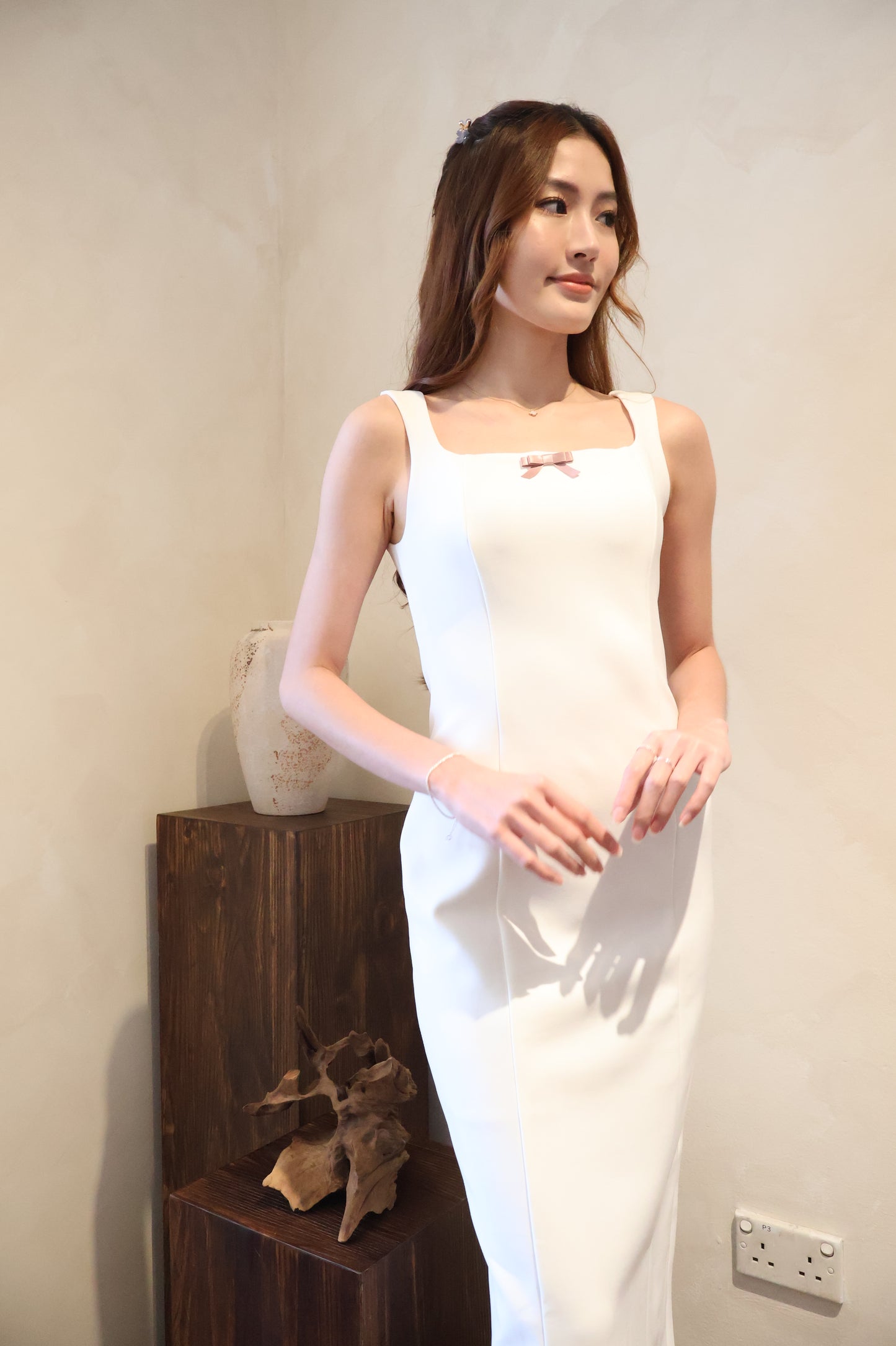 *Premium* Belinda Mini Bow Fitted Midi Dress In White