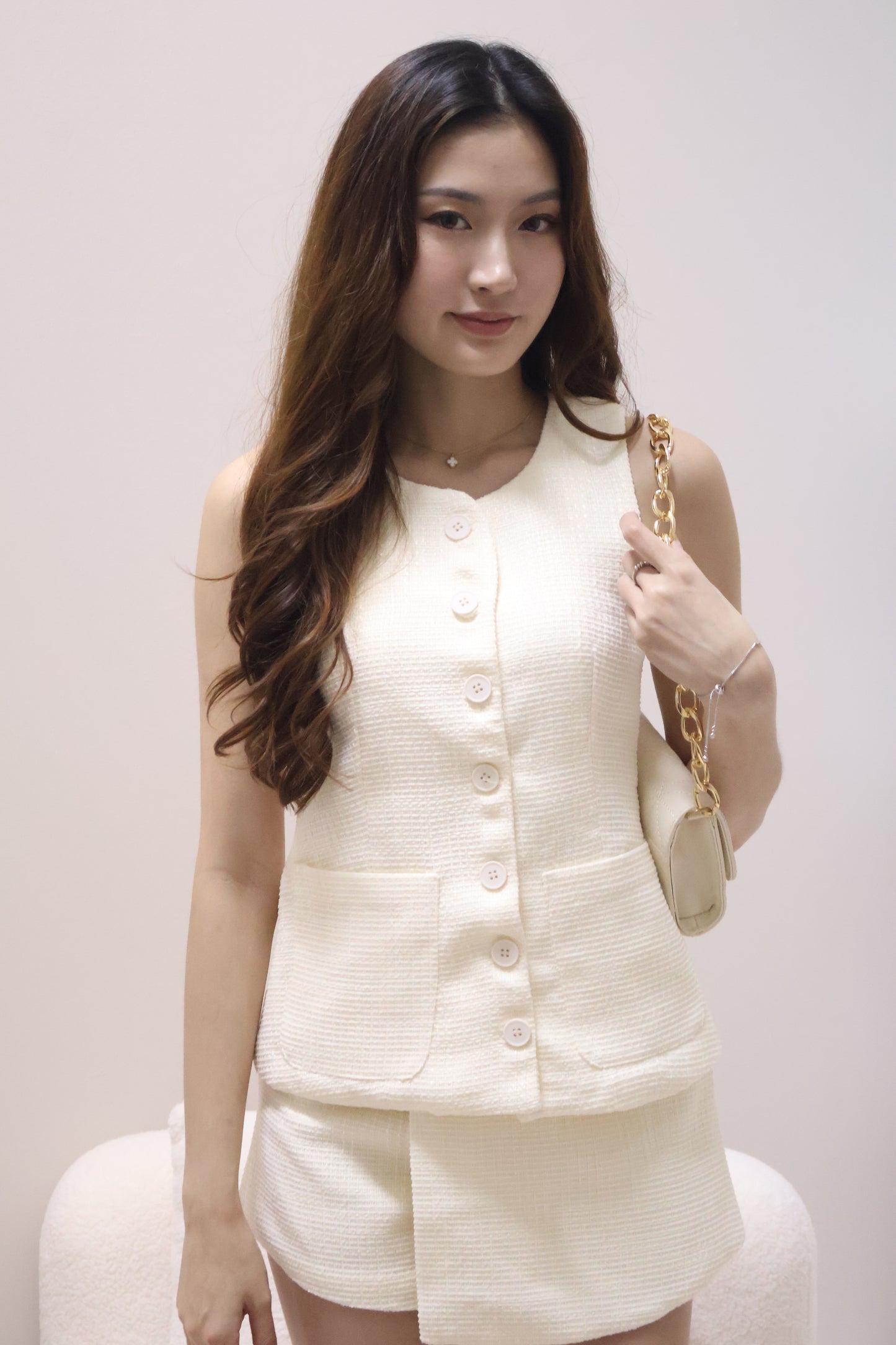 Janet Button Pocket Co-Ord Set In Cream