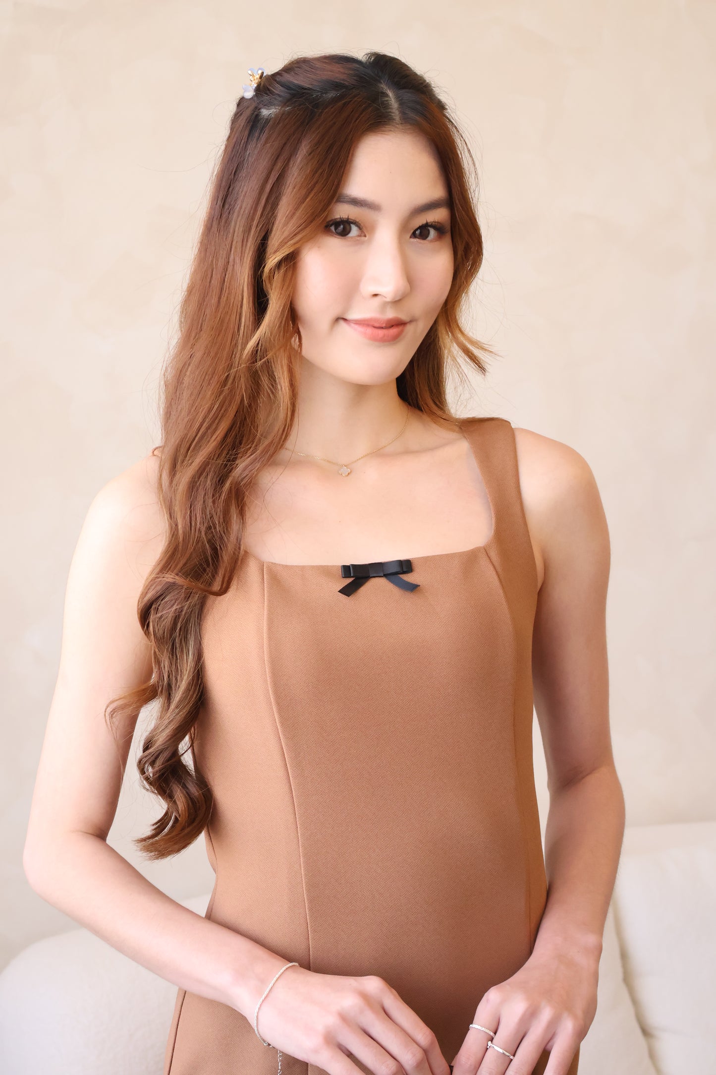 *Premium* Belinda Mini Bow Fitted Midi Dress In Caramel