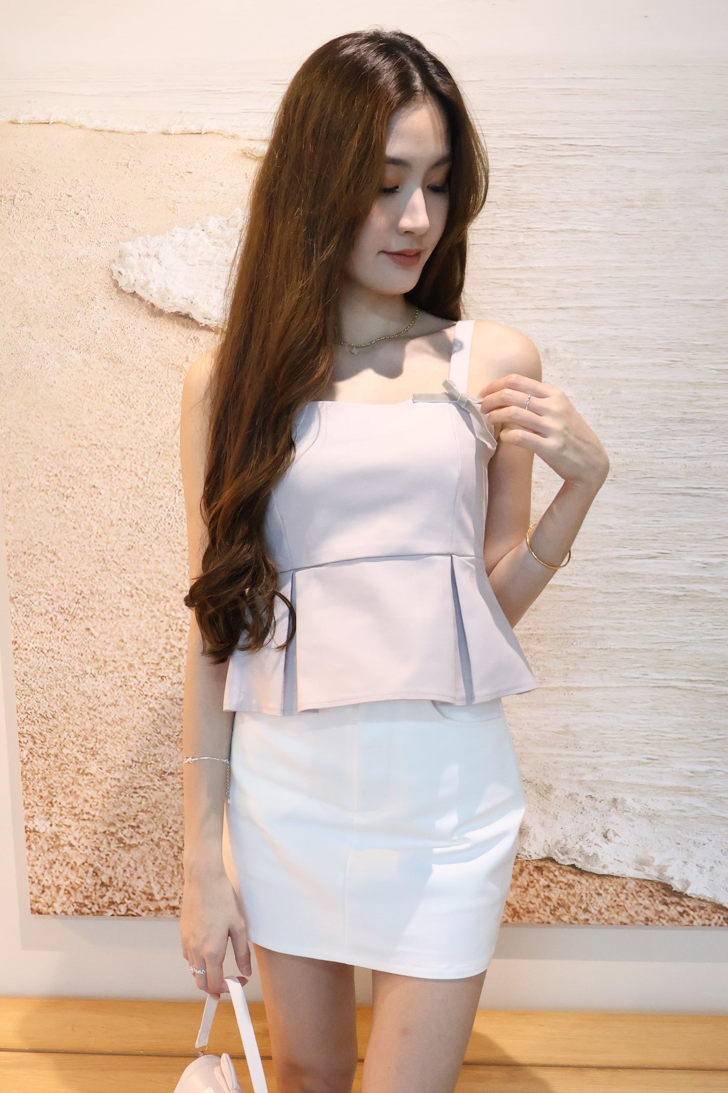 Coney Pleat Strap Top (With Detachable Ribbon Pins) In Grey