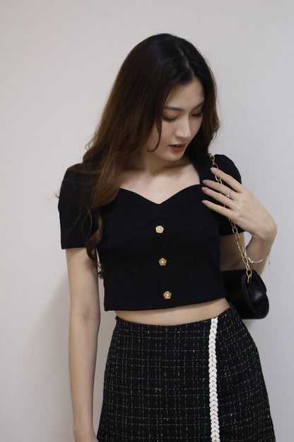 Flora Petal Buttons Sweetheart Top In Black