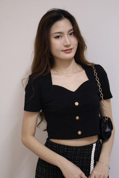 Flora Petal Buttons Sweetheart Top In Black