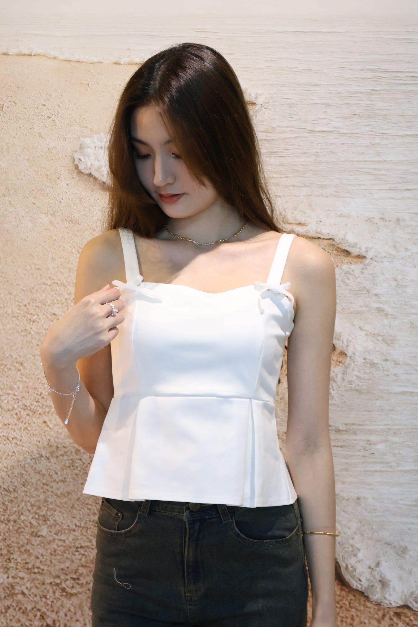 Coney Pleat Strap Top (With Detachable Ribbon Pins) In White