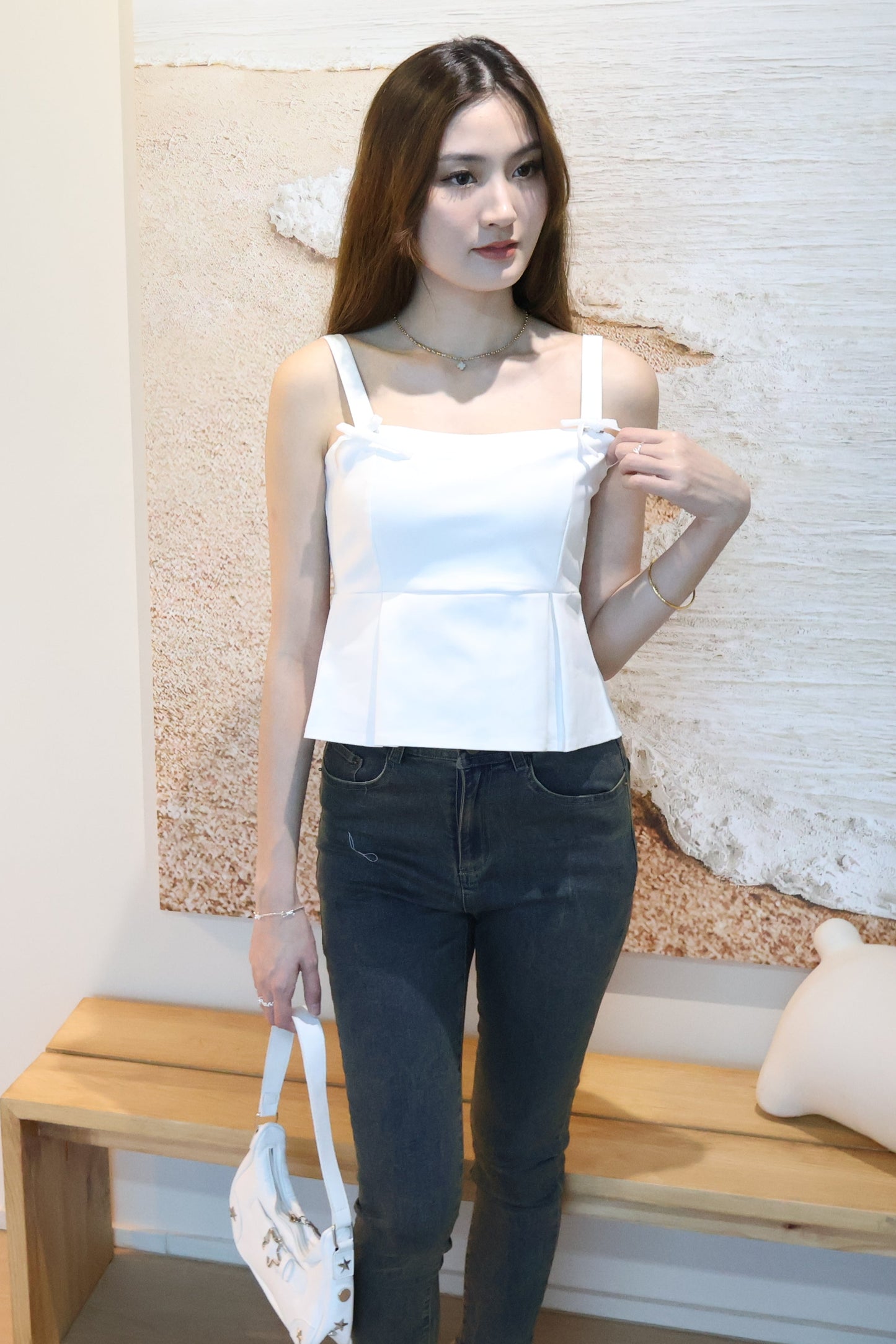 Coney Pleat Strap Top (With Detachable Ribbon Pins) In White