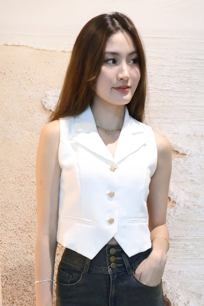 Rosie Gold Button Vest Top In White