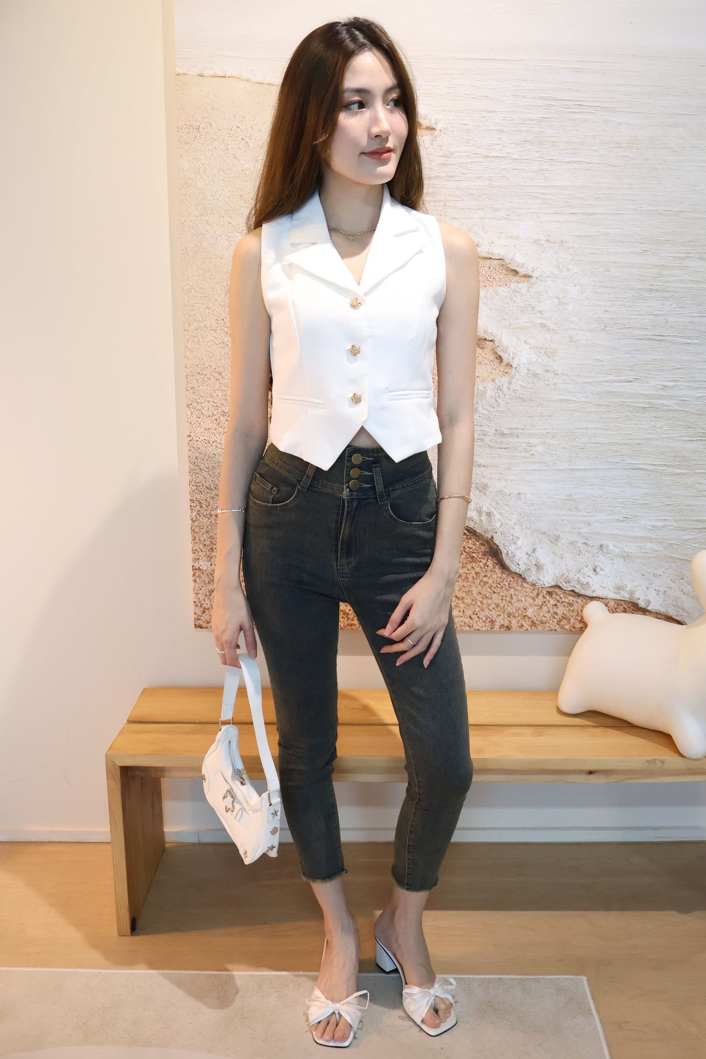 Rosie Gold Button Vest Top In White