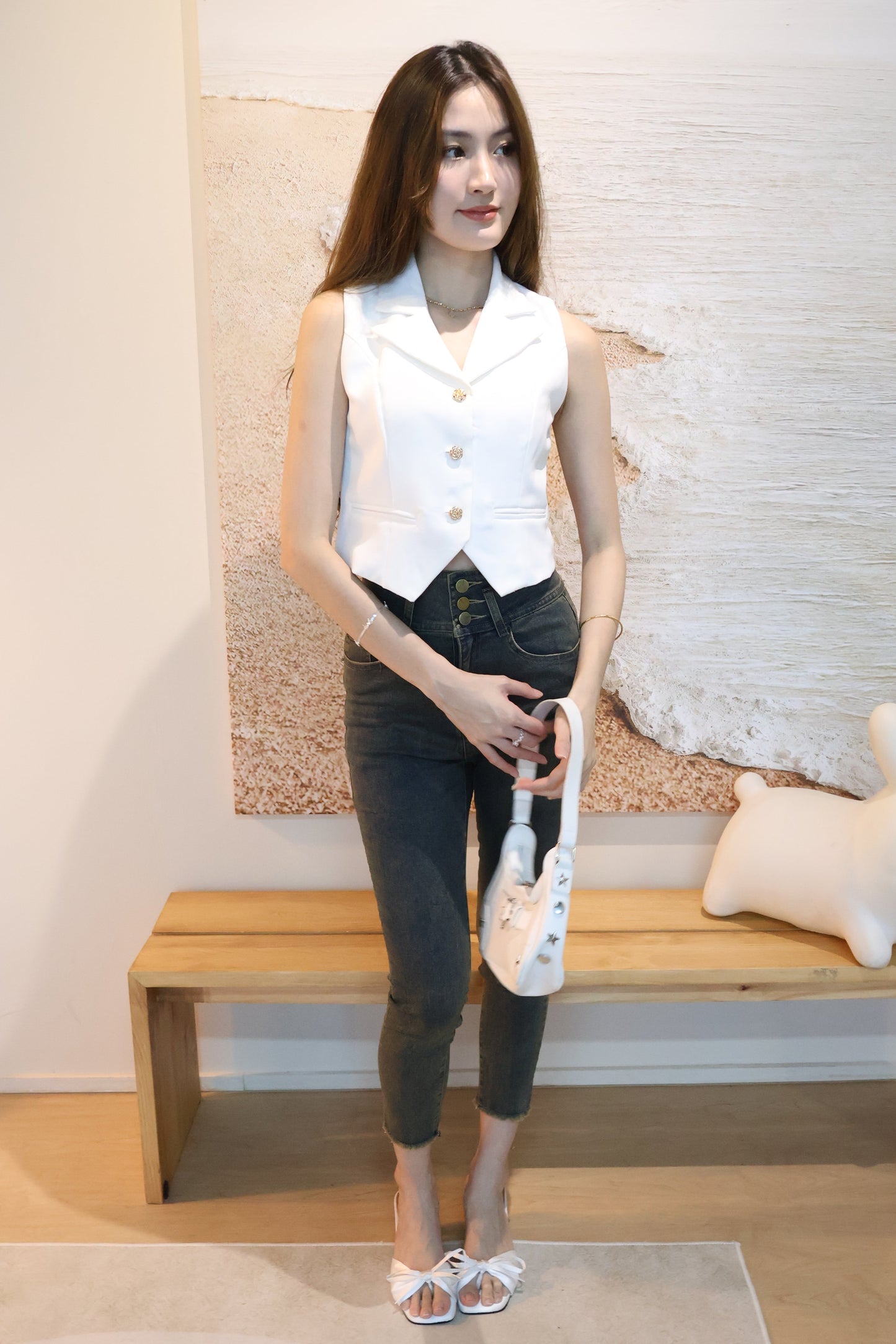 Rosie Gold Button Vest Top In White