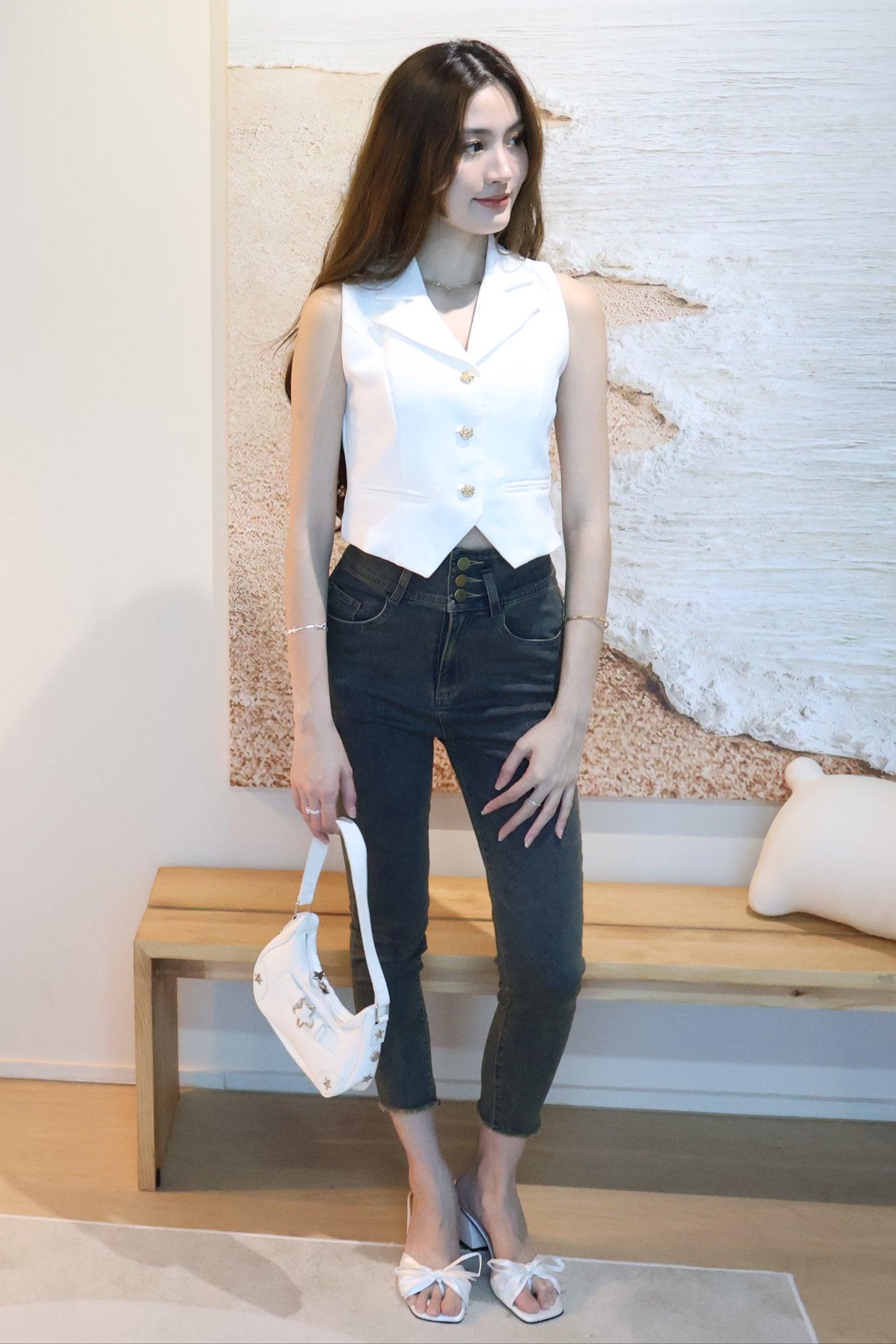 Rosie Gold Button Vest Top In White