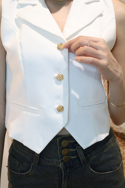 Rosie Gold Button Vest Top In White