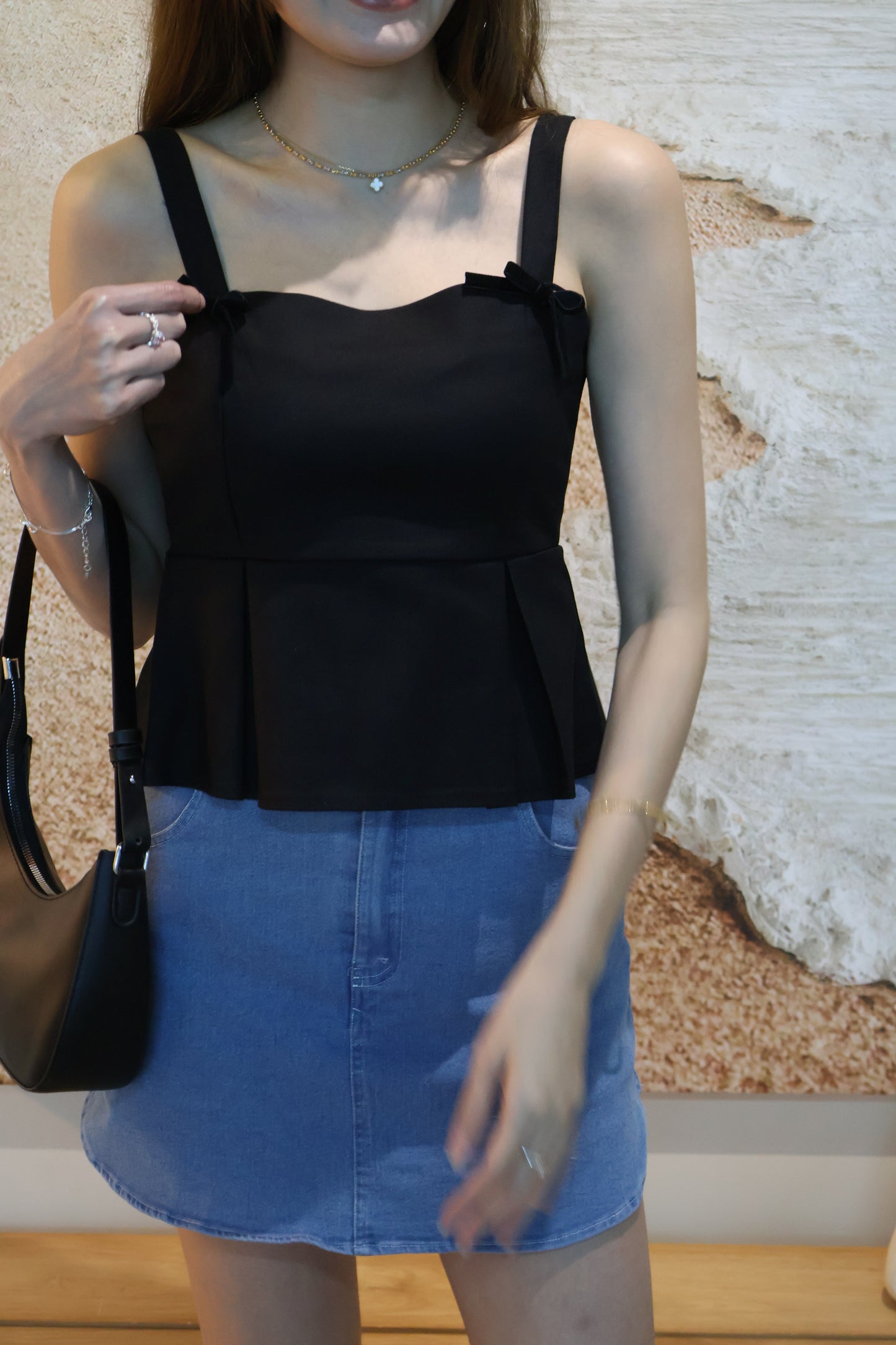 Coney Pleat Strap Top (With Detachable Ribbon Pins) In Black